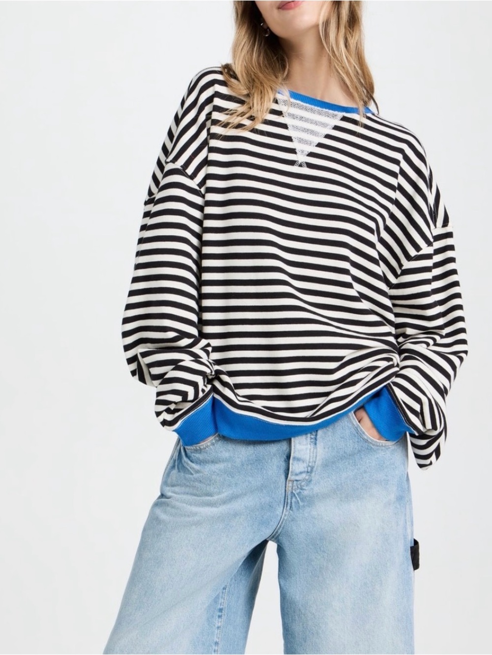 Free People We the Free Oversize Stripe Sweatshirt Black Combo Size Small